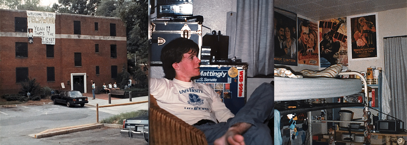 From left: Move-in day in 1986. Wilkinson, pictured in his dorm room, remembers that students were responsible for building their bed frames themselves at Techwood.