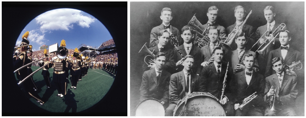 two photos of GT marching band in different eras
